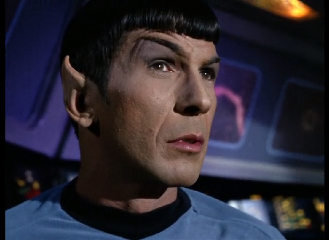 Spock on the bridge of the Enterprise, looking slightly surprised, which for Spock is incredibly surprised.