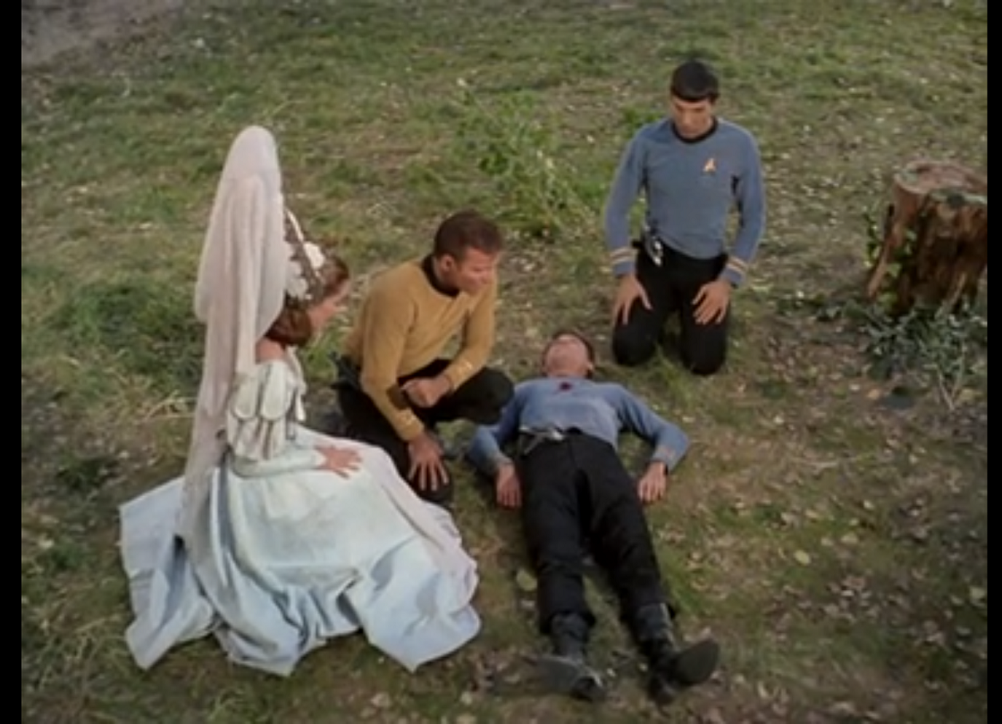 McCoy laying prone on the grass with a small bloody hole in his chest, while Kirk, Spock, and Barrows in her princess clothes kneel around him.