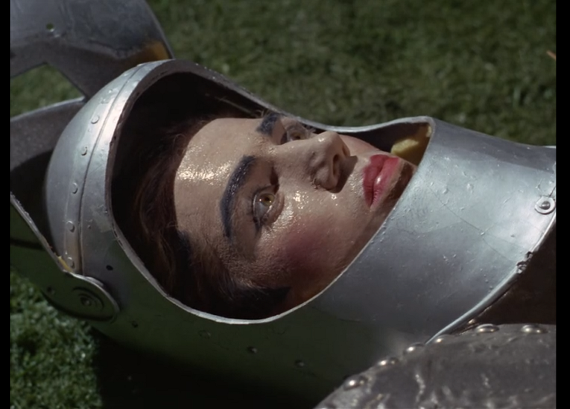 A headshot of a knight laying on the grass with his helmet visor opened, showing the face of a white man with brown hair but with a flat, artificial sheen.