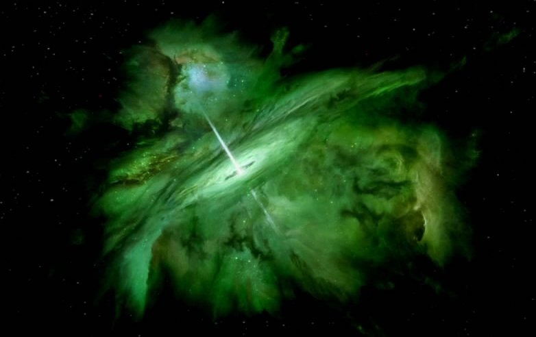 A large green cloud with a disc-like formation in the middle of it shot through with a beam of white light.