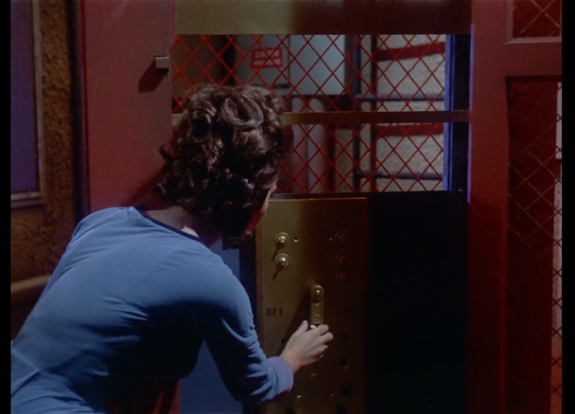 Noel, a woman with wavy brown hair wearing a Sciences uniform, standing in front of a metal panel with several unlabeled switches on it, surrounded by metal framing and red mesh. The panel has a single lever and ‘OFF’ written in black letters to one side.